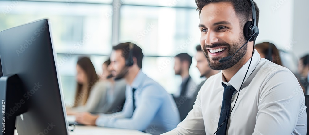 Aufkleber smiling call center agent on computer, assisting and answering customer calls