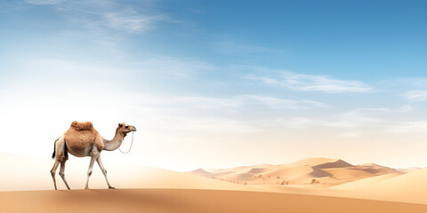 camel in the desert,The Dance of Shadows: As the Sun Bows Down, a Camel Takes Center Stage, Silhouetted Against the Dusk, Creating a Spellbinding Scene in the Tranquil Desert Expanse