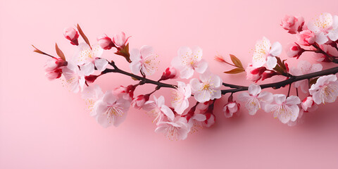 Fototapeta na wymiar Pink blossoms on a pink background, Pink cherry flowers on paper surface, Pink spring flowers of an apple tree on a black background for a mockup