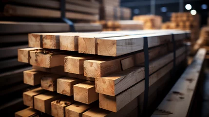 Fotobehang wood planks. Stacks of planks, building materials warehouse © ProstoSvet