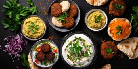 Assorted Middle Eastern dishes and meze on a dark background. Meat kebab, falafel, baba ghanoush, hummus, rice with veggies, tahini, kibbeh, pita. Halal cuisine. Space for text. Top view.