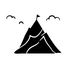 A mountain with a flag at the top symbolizes the goals that must be achieved by a business. Goal icon in hand-drawn style