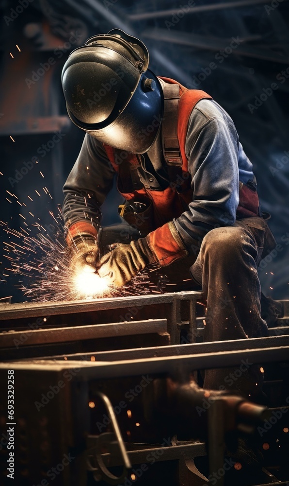 Poster A skilled welding technician showcases their craftsmanship on a large vessel in a shipyard, surrounded by sparks. Generative AI.