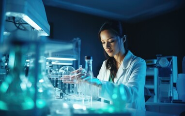 A female biomedical engineer in a lab coat meticulously works on a test tube, contributing to healthcare through innovation and engineering. Generative AI.