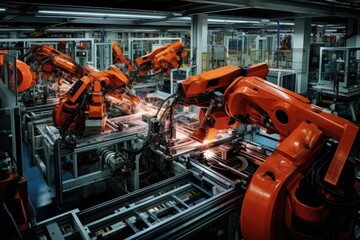 Efficient robots mold and trim rubber parts in a futuristic rubber product manufacturing line. Generative AI.