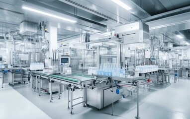 An advanced pharmaceutical factory with automated robotic systems for filling, capping, and...
