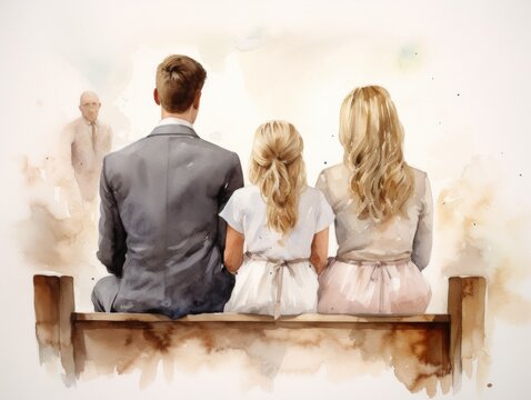 Business team sitting on a bench and looking at each other. Watercolor painting Generative AI