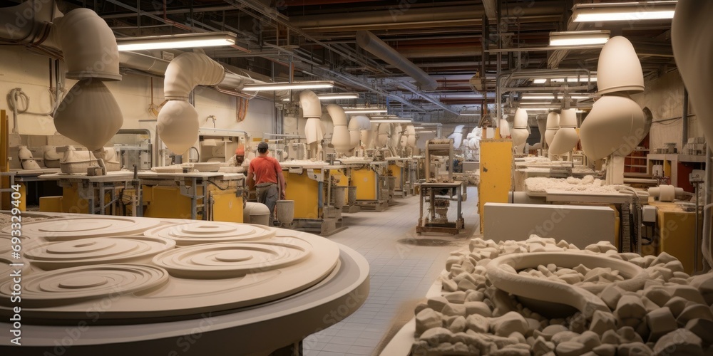 Poster a state-of-the-art ceramics factory showcasing an array of elegant white clay sculptures, created by