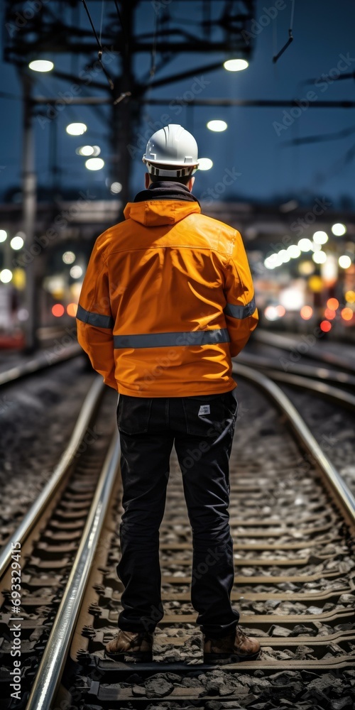Poster a railway engineer inspects rail infrastructure on a train platform, ensuring the smooth operation o
