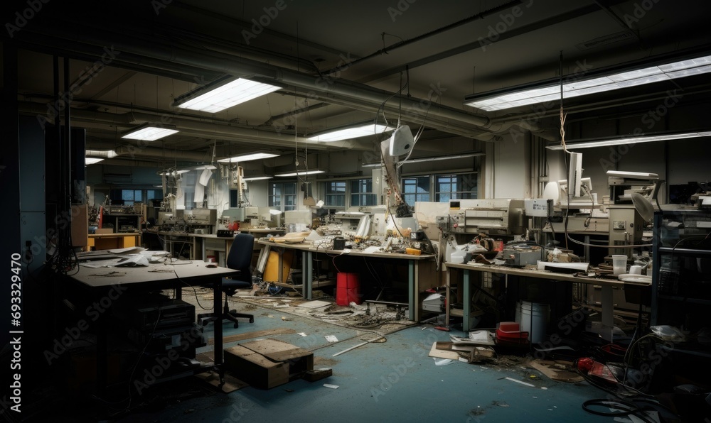 Poster an abandoned electronics assembly room, filled with clutter and forgotten tools. a stark contrast to
