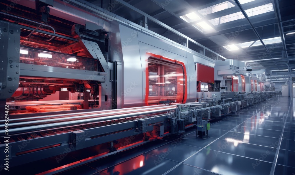 Poster a futuristic, fully automated food processing facility where robots handle every step, from sorting 