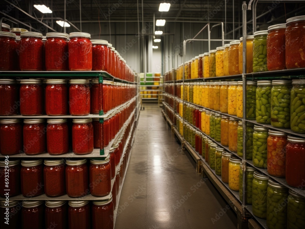 Poster a vast selection of pickles in jars, neatly arranged in a large aisle. generative ai.
