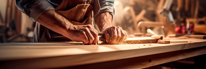 Carpenter's hands at work, custom order, demonstrating woodworking skills. - obrazy, fototapety, plakaty
