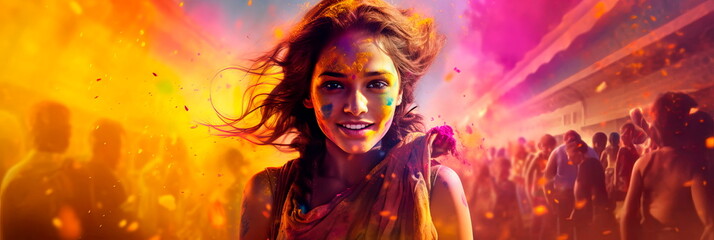 vibrant Holi celebration display with an explosion of colorful powders, creating a dynamic and joyful atmosphere.