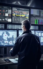 A chemical plant operator monitors multiple screens, ensuring smooth production processes. The complexity and responsibility are evident. Generative AI.