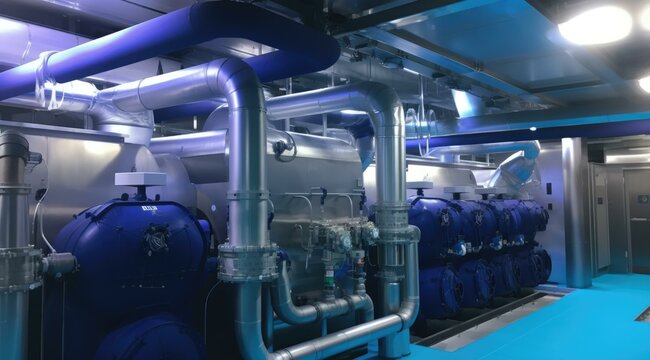 A high-tech waste heat recovery room, utilizing blue pipes and valves to repurpose excess engine heat for energy efficiency. Generative AI.
