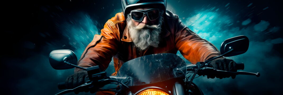 Santa on a cool motorcycle, wearing a leather jacket and helmet, New Year exuding a sense of adventure and speed.