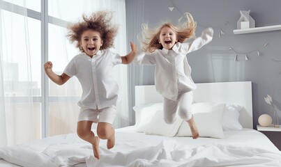 Two children jumping on a bed in a bedroom
