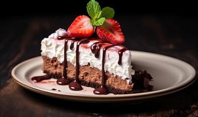 A piece of cake on a plate with chocolate sauce and strawberries