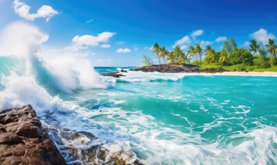 A beach with waves crashing on the shore