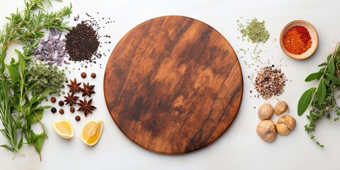 Circular wooden cutting board with a border, herbs and seasonings on a white marble surface. Model with room for writing, seen from above.