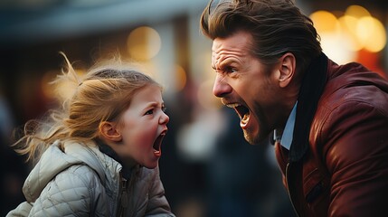 Close View of A Young Adult Man and A little Girl Shouting at Each Other - obrazy, fototapety, plakaty
