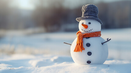 Snowman with a carrot nose, hat, scarf, coal buttons and stick arms standing outside on a winters day. Concept of winter, snow and childhood. Shallow field of view. Made with generative ai