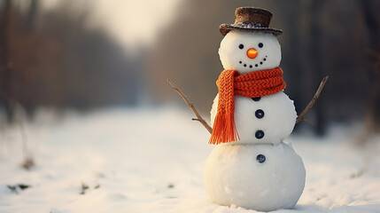Obraz premium Snowman with a carrot nose, hat, scarf, coal buttons and stick arms standing outside on a winters day. Concept of winter, snow and childhood. Shallow field of view. Made with generative ai