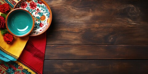 Mexican-themed table top view with rustic wooden table and empty mud dish, decorated with traditional fabric. - Powered by Adobe