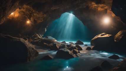 Glowing hidden magical cave tunnel - obrazy, fototapety, plakaty
