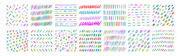 Freehand colorful doodle lines, curves, dots, spirals. Childish doodle style textures.