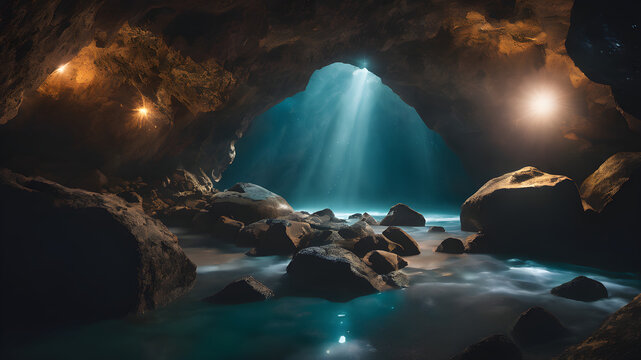 Glowing hidden magical cave tunnel