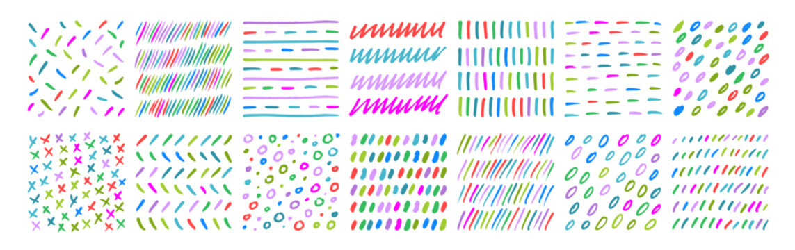 Freehand colorful doodle lines, curves, dots, spirals. Childish doodle style textures.