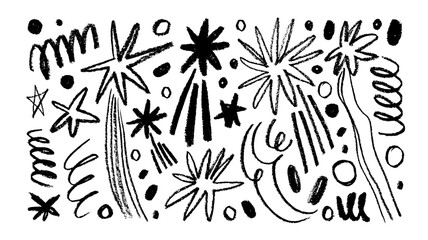 Hand drawn charcoal stars with tails and comets. Magic and cosmic vector elements.