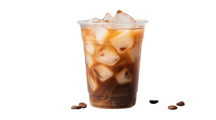 An image of a refreshing iced coffee with ice cubes and coffee beans, perfect for a caffeine boost,...
