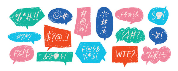 Set of colorful comic speech bubbles with swear words. Hand drawn charcoal speech bubble.