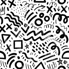 Naive playful abstract geometric shapes seamless pattern. Charcoal squiggles and various brush strokes.