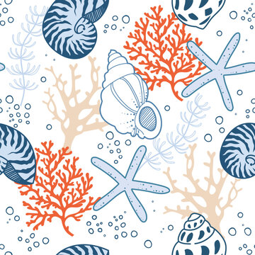 Seamless pattern aquatic creatures seashell conch and starfish