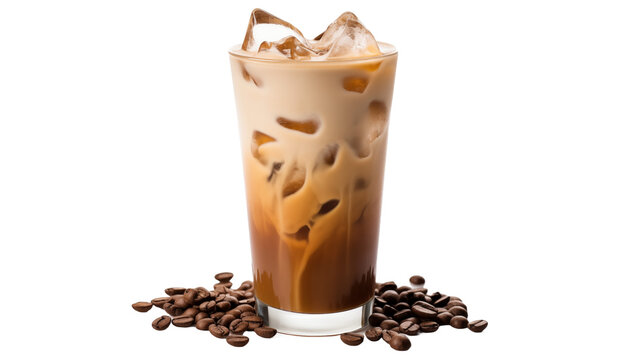An image of a refreshing iced coffee with ice cubes and coffee beans, perfect for a caffeine boost, isolated in the image