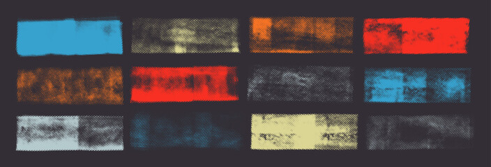 Fototapeta premium Set of grunge colorful halftone banners. Noise destroyed geometric shapes.