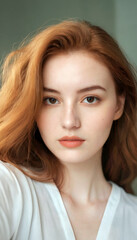 Naklejka premium Young red-haired curvy woman 20 years old in lingerie in a bedroom interior at home