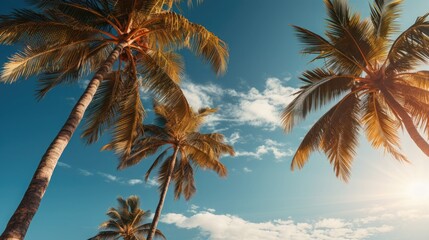 Vintage Tropical Paradise: Palm Trees and Blue Sky View from Below


