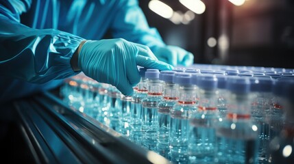 Pharmaceutical Precision: Hand with Sanitary Gloves Checking Medical Vials on Production Line
