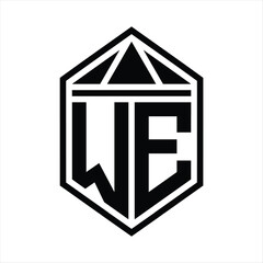 WE Letter Logo monogram simple hexagon shield shape with triangle crown isolated style design