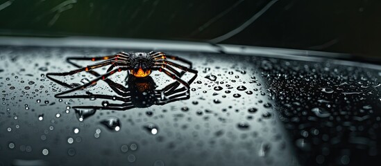 Spider and web on car mirror after rain.