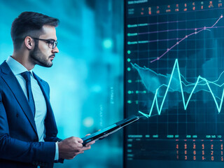 Handsome businessman with document in hand using creative forex chart interface on blurry illuminated night city background. Finance and trade concept. Double exposure