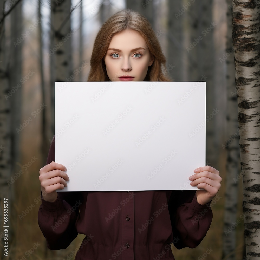 Wall mural woman holding blank billboard