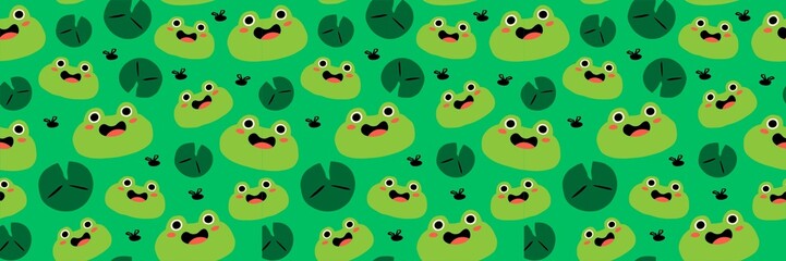 Green tone background Cute frog pattern in the lotus pond.