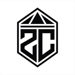 ZC Letter Logo monogram simple hexagon shield shape with triangle crown isolated style design