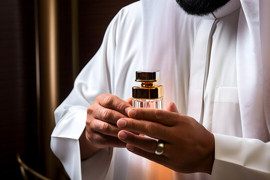 Arab man with white gamis in his room enjoy oil parfume